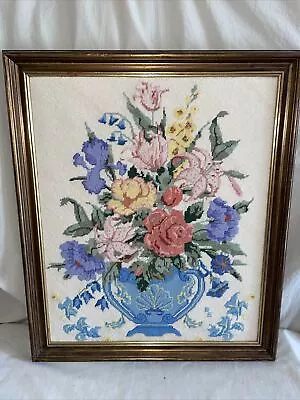 Vintage Framed Needlepoint Picture Blue Vase Flowers Frame Is 25” X 21” • $26