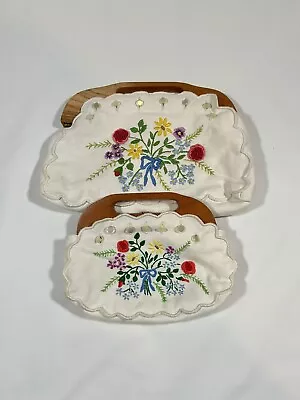 Lot Of 2 Purse Floral Embroidered Wood Handle 70s Vintage Grannycore Clutch Bag • $29.95