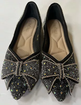 Women's Rhinestone Flats Bow Sequins Wedding Shoes Slip-on Pointed Toe US 5.5 • $28