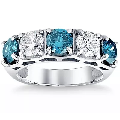 3 1/4Ct TW Five Stone Blue Diamond Wedding Ring 10k White Gold Lab Grown Band • £1532.66