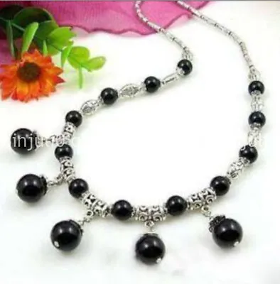 £4.39 • Buy Natural Tibet Silver 6-10mm Black Jade Gems Round Beads Necklace 18 Inches