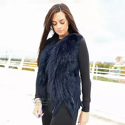 Rabbit Gilet With Raccoon Fur Trim In Navy • £69.99