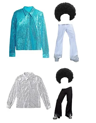Mens 70s 80s Rock Disco Costume Shirt Flares Pants Sequin Disco Ball Fancy Dress • £22.99