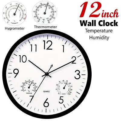 12'' Wall Clock Silent Quartz Non-Ticking Temperature&Humidity Battery Operated • $17.75