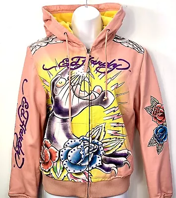 Ed Hardy Women’s Leather Jacket Large Bomber Hoodie Pink All Over Graphics Bling • £137.74