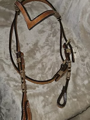 V Brow Headstall*Rawhide Braided Accents Cheeks*Temple*Buckles*Light Oil Color  • $99.99