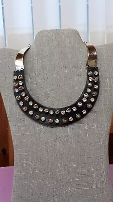 Signed Zara Brutalist Style Spikes&Crystal Leather Statement Collar/Necklace • $9.95