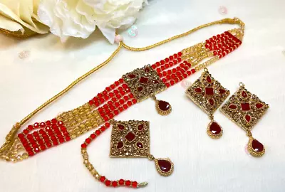 Pakistani Indian Bridal Jewelry Red Gold Kundan Choker Earrings Tikka Set • $27.99