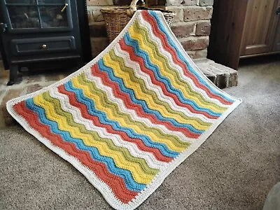 Crochet Baby Blanket Ripple Boy Handmade 32  X 27  Tomato/Teal/Mustard/Parchment • £25