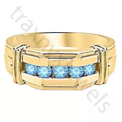 1 Ctw Lab Created Blue Topaz 14K Yellow Gold Over 5-Stone Channel Set Men's Ring • $108.53