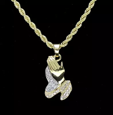 14k Gold Plated Praying Hands CZ Pendant 20  Rope Chain Hip Hop Necklace • $9.99