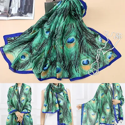 £7.79 • Buy Women Peacock Silk Scarf Feather Print Muffler Sunscreen Beach Shawl Scarve 
