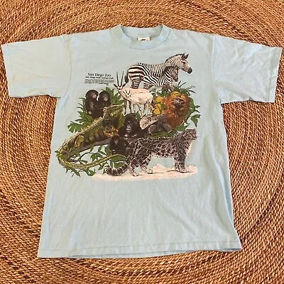 Vintage 1987 San Diego Zoo Wrap Around Nature Animal Print T-Shirt Size L Aqua • $38