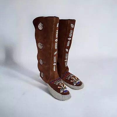Taos Brown Leather Beaded Moccasin Boots Size 7 Inner Sole 1970’s Vtg • $124