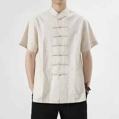 Mens Mandarin Collar Chinese Frog Button T-Shirt Linen Short Sleeve Shirt Top • $30.93