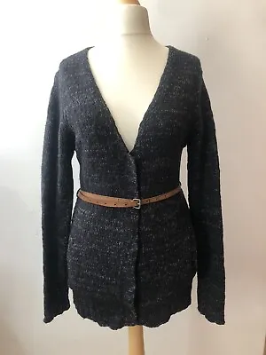 Whistles Wool Blend Cardigan With Leather Belt Navy Blue With Grey Fleck Size S • £4.99