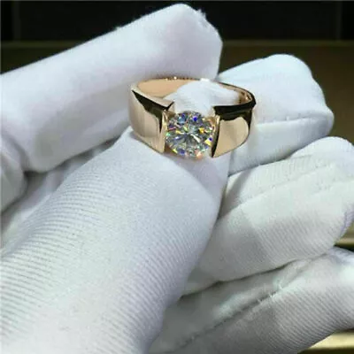 Men's Solid 14k Yellow Gold Band Wedding Ring 1.TCW Round Cut Moissanite Diamond • $377.19