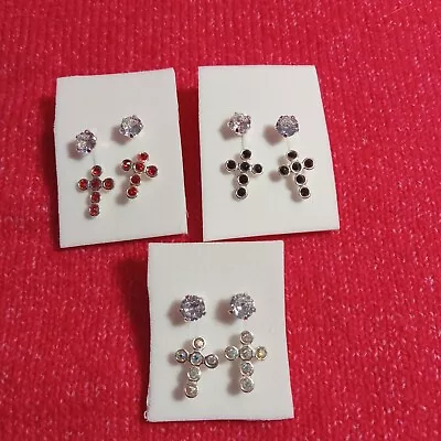 Womens 925 Sterling Silver Lot Of 3 CZ Crystal Religious Cross Drop  Earrings • $20