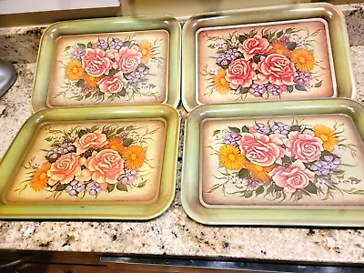  Mid Century Modern Serving TV Trays Metal Green Roses Flowers Floral Set Of 4. • $39.95