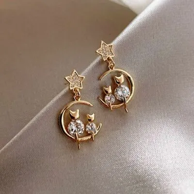 £8.99 • Buy ❤️Earrings 9ct Gold Finish Cat Stud Drops ❤️0.80 Ct Diamond 25 Mm Gift Silver ❤️