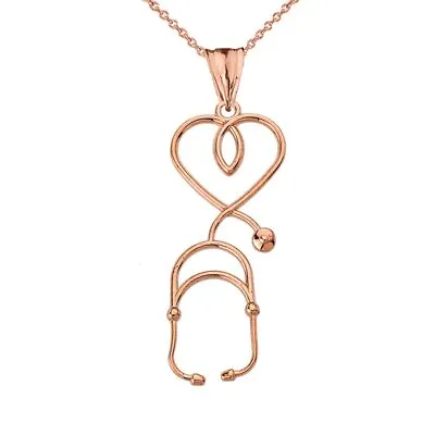 14k Solid Rose Gold Stethoscope Heart Pendant Necklace 16  18  20  22   • $551.71