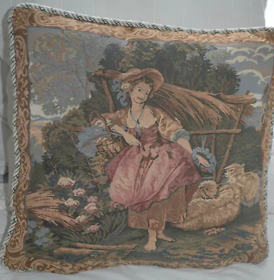 VTG TAPESTRY PILLOW PEASANT GIRL PASTORAL SCENE 18  Braided Trim SHEEP FLORALS • $17.25