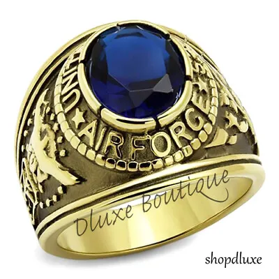 Men's 14k Gold Plated Simulated Sapphire US Air Force Military Ring Size 8-14 • $16.99