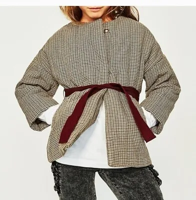 ZARA | Houndstooth Jacket Belted Quilted Cotton Linen Brown Red Girls Sz 7 • $25