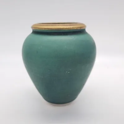Artist Signed Art Pottery Mini Vase 3.25  Tall Green Speckled Mat Finish Gold • $31.95