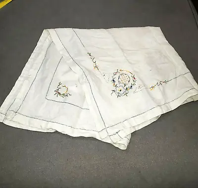 Antique Linen Table Square 33 In Hand Embroidered Floral Fabric Kerchief Napkin • $11.99