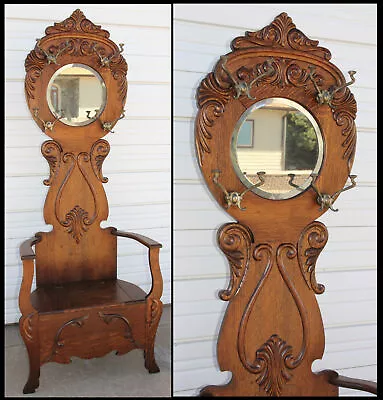 Antique Art Nouveau Ornate Quartersawn Oak Hall Seat Bench Lollipop Bevel Mirror • $2295