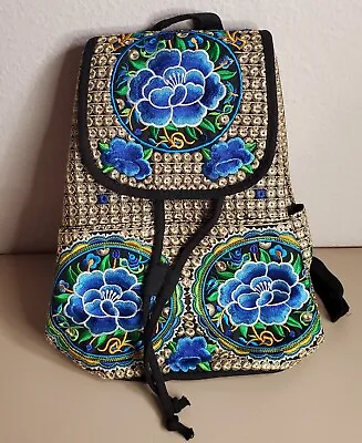 Women's Mexican Style Embroidered Blue Floral Backpack Purse Adj. Straps Pockets • $14.88