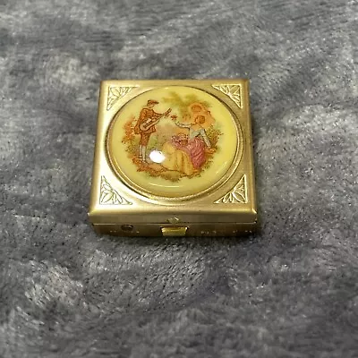 Vintage Serenade Cameo Gold Tone Metal Square Hinged Trinket Pill Box Case • $12.95