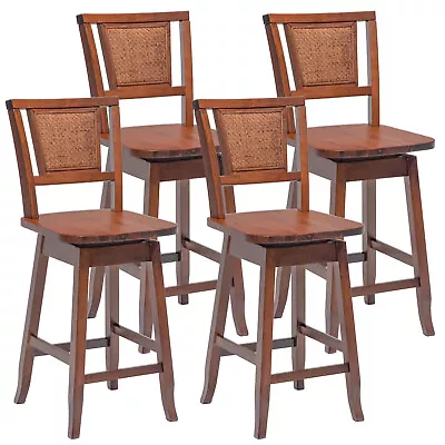 Set Of 4 Swivel Bar Stools Counter Height Rubber Wood Pub Chairs W/ Rattan Back • $249.99