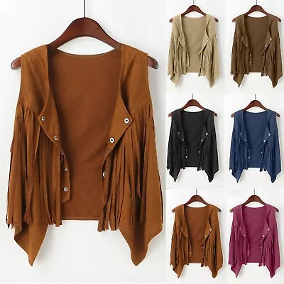 Women Tassel Vest 70s Hippie Faux Suede Rivets Sleeveless Fringe Jacket Cardigan • £16.79