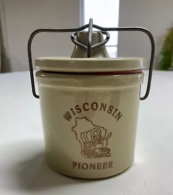 Vintage WISCONSIN PIONEER CHEESE STONEWARE CROCK BAIL WIRE LATCH LID 4” DIAMETER • $25