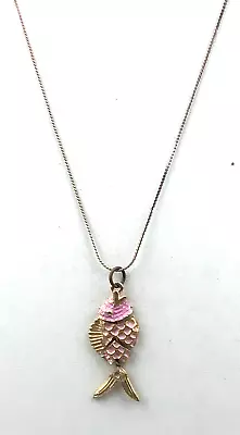 Vintage Style Necklace Pink Enamel Textured Cast Gold Articulated Fish NO OFFERS • $5