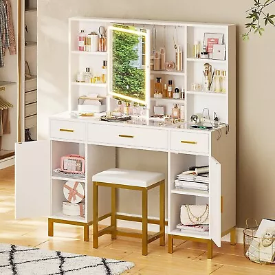 Makeup Vanity Set With Glass Desktop LED Dressing Table Hidden Storage Shelves • $269.89