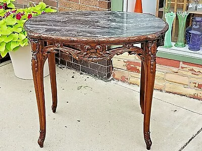 Ornate Victorian Antique Oval Ornate Carved Marble Top Parlor Table By Karpen  • $699.99