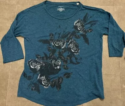 VTG Y2K Style Blue Shirt 3/4 Sleeve Women’s Large Graphic Black Roses Goth Emo • £9.52