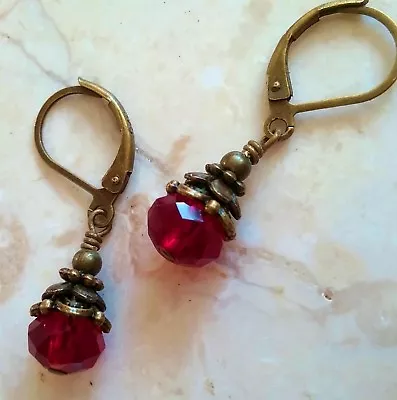 $7.95 • Buy Small Vintage Drop Earrings Dark Siam Red Crystal Glass Antiqued Bronze Artisan