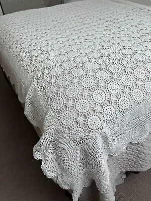 $40 • Buy Vintage White Hand Crochet Tablecloth Or Coverlet Scallop Edge Cotton 80 X 58 