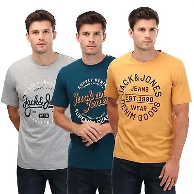Men's T-Shirts Jack Jones Mikk 3 Pack Relaxed Fit In Grey Blue Yellow • £24.99