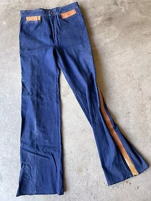 Vintage Bell Bottom Pants 70s Men’s 32x36 Flared Disco Jeans With Faux Leather • $39.99