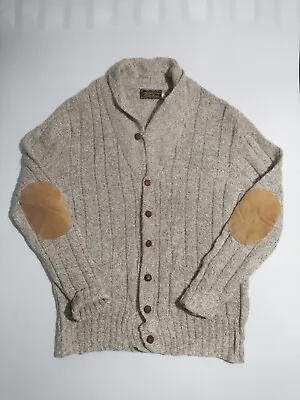 EDDIE BAUER | Men's Vinatge Beige Ribbed Knit Wool Cardigan Elbow Patch | XL • £34.99