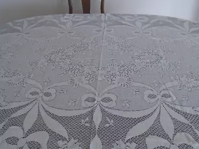 Quaker Lace Large Oval Vintage Tablecloth 96  X 68  Ribbons Bows • $20