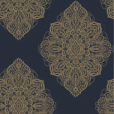 Arthouse Metallic Navy Blue Gold Wallpaper Henna Damask Shimmer Oriental Feature • £6.50