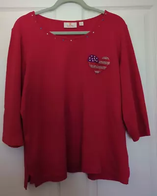 Quacker Factory Top Large Red Long Sleeve Shirt USA ** Imperfection Missing Star • $6.04