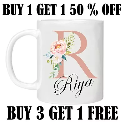 Personalised Name And Initial Mug Gold Floral Alphabet Tea Coffee Mug  Mug Gift • £5.89