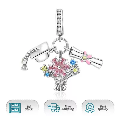 Graduation Flowers Doctoral Caps And Scroll Dangle S925 Women Bracelet Charm • $17.98